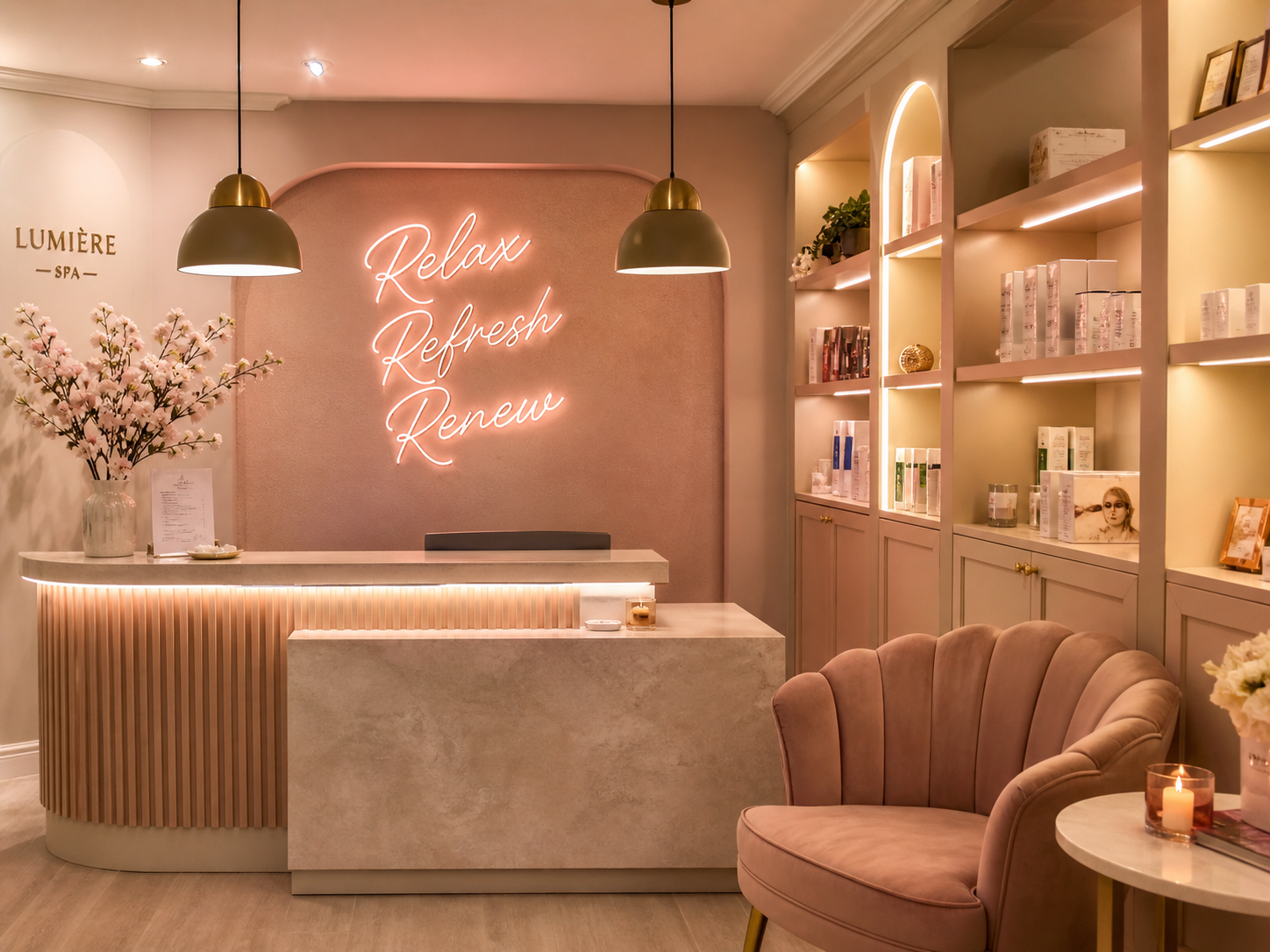 Elegant warm spa reception area.